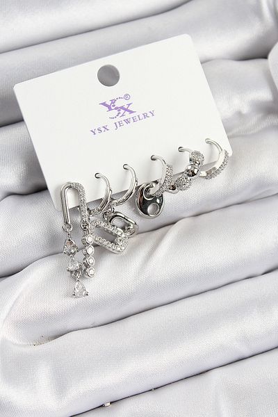 callerrons accessories Brass Zircon Stone Rectangular Model Silver Color 3-Piece Double Women's Earrings - Ebj250726W36727