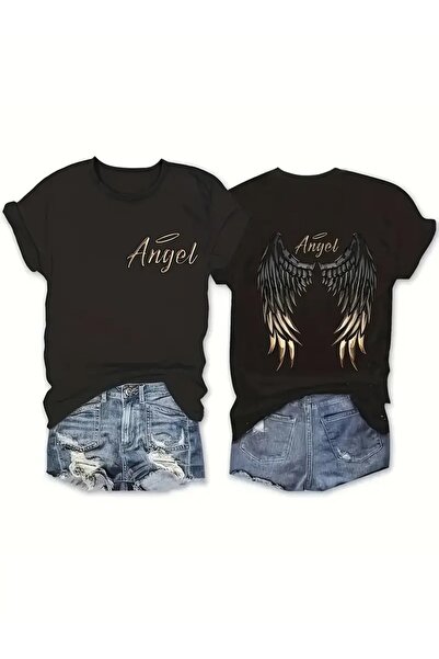 CLASİVA Angel yazılı melek Kanatlı Ürün tasarım Özel sırt Baskıl Kadın unisex Oversize Bisiklet Yaka T-shirt