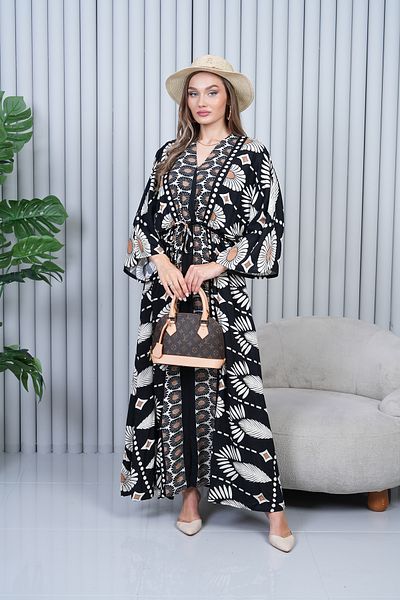 EL jadida Women's Patterned Double Breasted Collar Viscose Plus Size Hijab Dress Black
