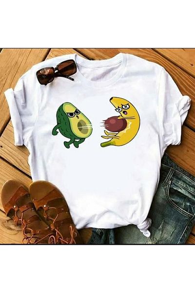 aynewmoda T-Shirt with Fruit and Cartoon Print, Short Sleeves, Round Neck