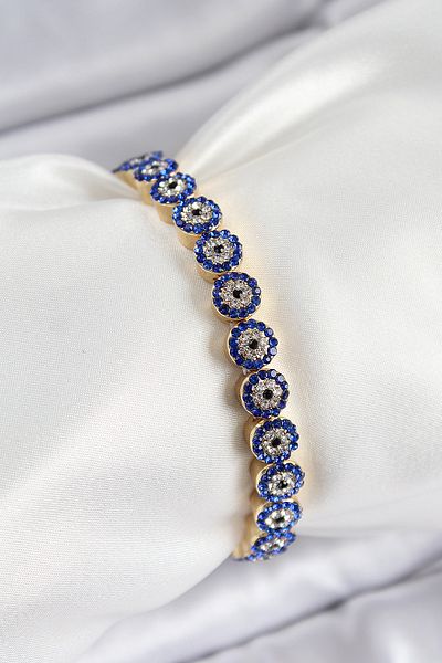 callerrons accessories Brass Zircon Stone Navy Blue Evil Eye Model Gold Color Elastic Women's Bracelet - Ebj250726W36763