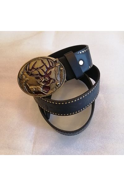 Butik Tülin Unisex Authentic Faux Leather Black Horse Printed Bronze Running Deer Burgundy Enamel Cowboy Buckle Belt