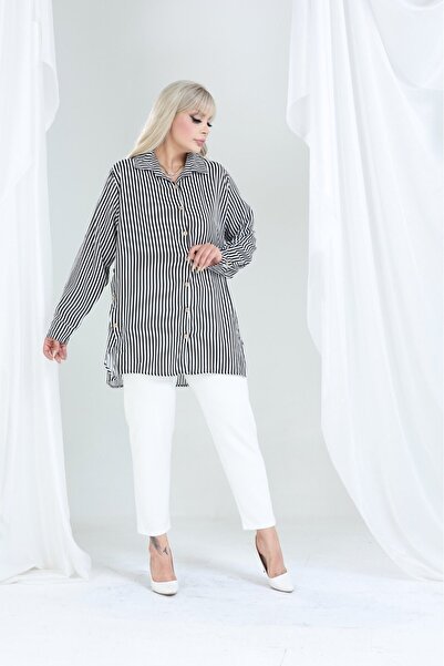 tarzımsüper Women's Plus Size Button Detailed Striped Oversize Shirt