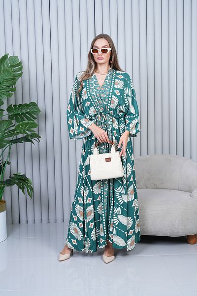 EL jadida Women's Patterned Double Breasted Collar Viscose Plus Size Hijab Dress Green