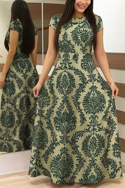 Viyamo New Season Women's Short Sleeve Crew Neck Patterned Maxi Knitted Crepe Dress