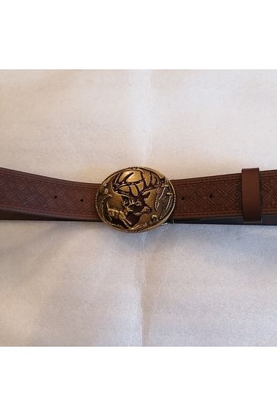 Butik Tülin Unisex Authentic Faux Leather Coffee Flower Printed Bronze Running Deer Burgundy Enamel Cowboy Buckle Belt