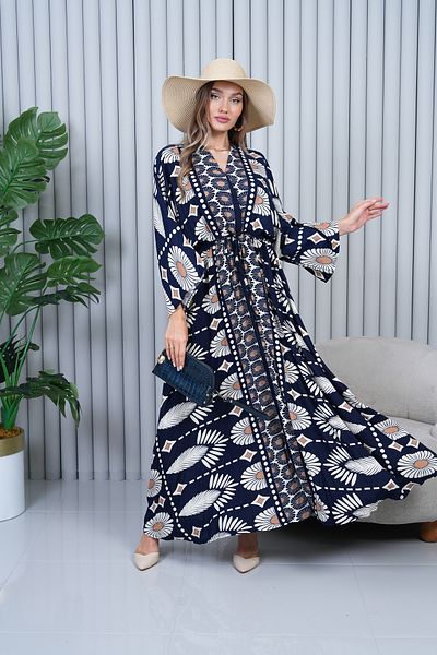 EL jadida Women's Patterned Double Breasted Collar Viscose Plus Size Hijab Dress Navy Blue