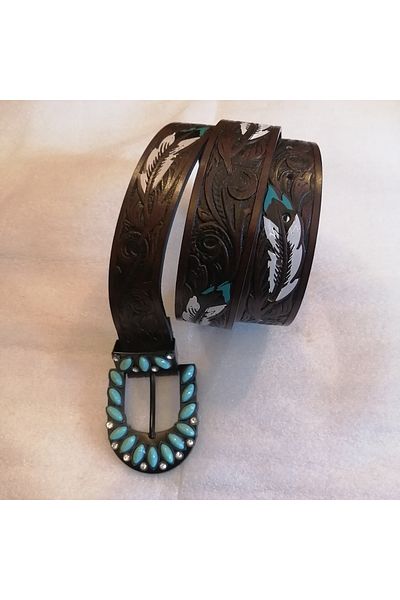 Butik Tülin Unisex Authentic Faux Leather Leaf Feather Printed Coffee Black Turquoise Shiny Stone Cowboy Buckle Belt