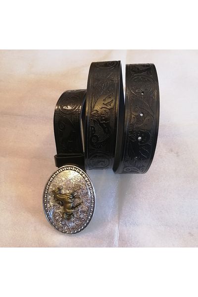 Butik Tülin Unisex Authentic Faux Leather Black Horse Head Printed Silver Floral Bronze Running Horse Cowboy Buckle Belt