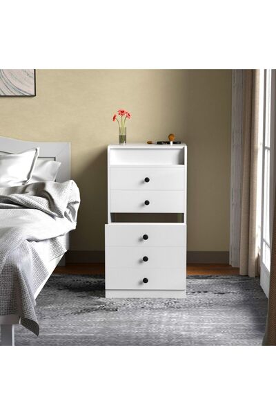 Danube Home Armi Multipurpose Chest of Drawers with Mirror - High Gloss White, 4 Drawers & Stool, 50x50x85cm