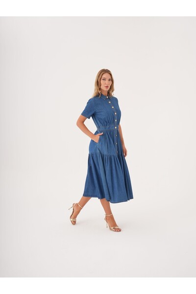 SERPİL Kısa Kollu Düğmeli Katlı Denim Gömlek Elbise