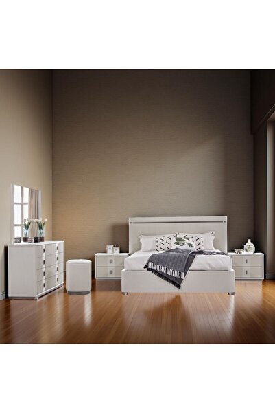 Danube Home Aries 180X200 King Bed w/2 Nightstand and Dresser w/Mirror+Stool- L.Beige Oak Veneer L105xW40xH128cm
