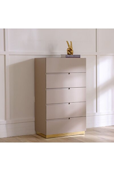 Danube Home Allayal 5 Drawer Chest of Drawers - Elegant White/Beige/Gold MDF & Solid Wood Storage Cabinet