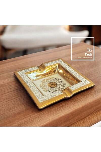 77 Tominay 77-1 Altın Desenli Seramik Küllük Kare Model Lüks Masa Üstü Küllük Dekoratif Obje Hediyelik