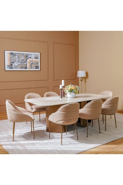 Danube Home Skylar 1+8 Ceramic Dining Set - Beige/Brushed Brass