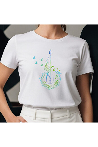 Butik Kuşlu Notalı Bağlama Desenli Basic T-Shirt