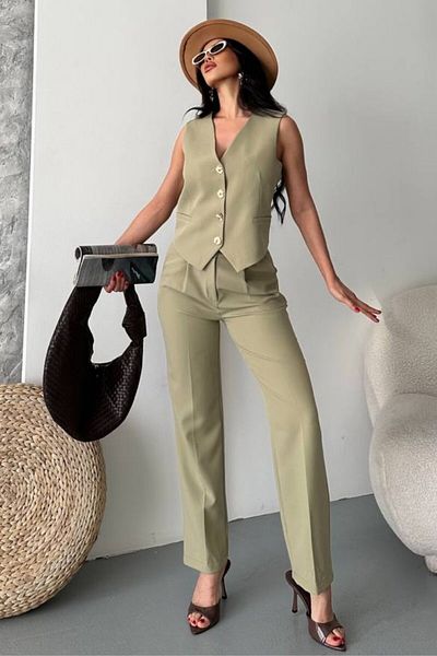 AKD Atelier Women's Top Bottom Set Stylish Gold Button Detailed V Neck Vest Pants Set