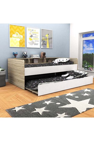 Danube Home Kinder 90x190 Day Bed with Storage Headboard & 90x190 Trundle Bed-White/Sonoma Oak L195xW115xH74.5cm