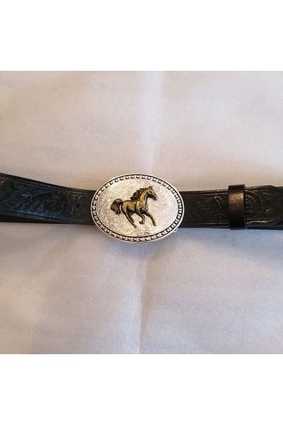 Butik Tülin Unisex Authentic Faux Leather Black Horse Head Printed Silver Floral Bronze Running Horse Cowboy Buckle Belt