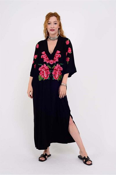 GÜLDEN KATRAN Women's Rose Pattern V-Neck Dress