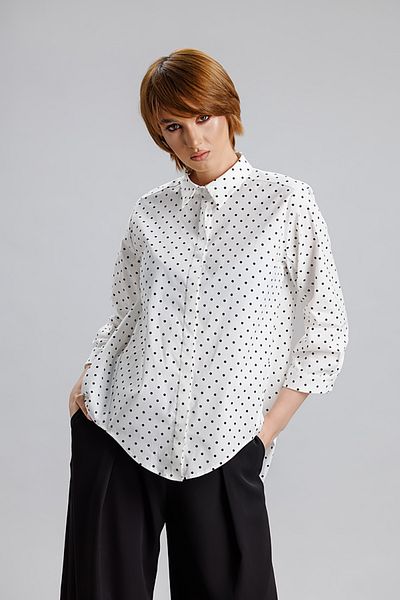 RVL Asymmetric white/polka dot cotton shirt with 3/4 sleeves