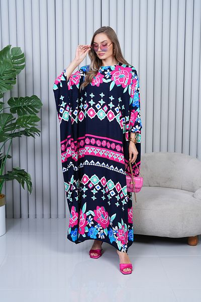 EL jadida Women's Patterned Plus Size Viscose Dress Navy Blue 4012