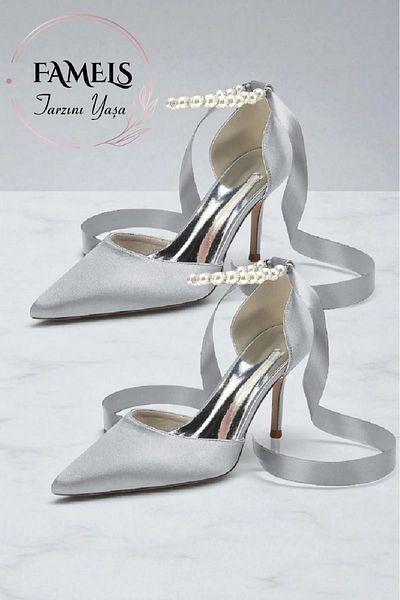 Famels Pearl Rhinestone High Heels Shoes Pearl Ankle Strap Silver Evening Dress Shoes Evening Party Shoes