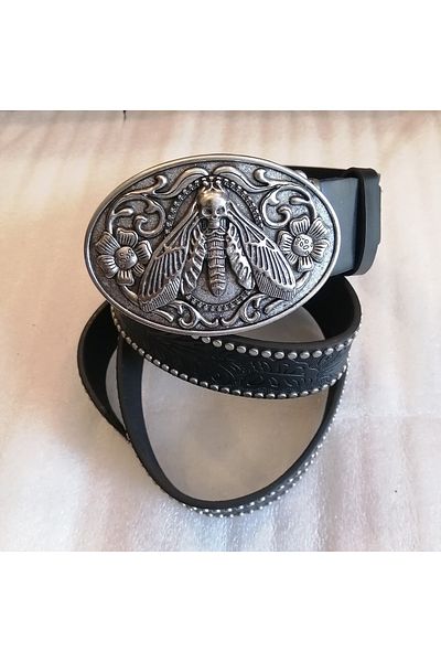 Butik Tülin Unisex Authentic Faux Leather Black Leaf Skull Printed Silver Flower Butterfly Cowboy Buckle Belt