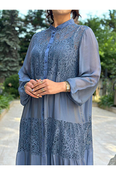 butikbanum İndigo Mavisi Önden Düğmeli Dantel Detaylı İpek Elbise
