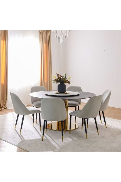 Danube Home Luceris 1 + 6 Seater Stone Dining Set with Lazy Susan - Black/Gold