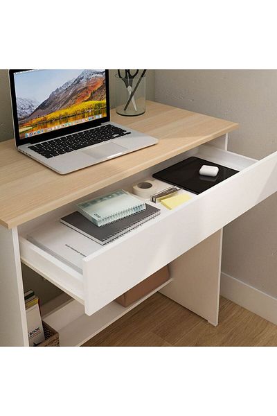 Danube Home Algeira Office Desk with Drawer & Shelf - White/Oak L80xW39.6xH75cm