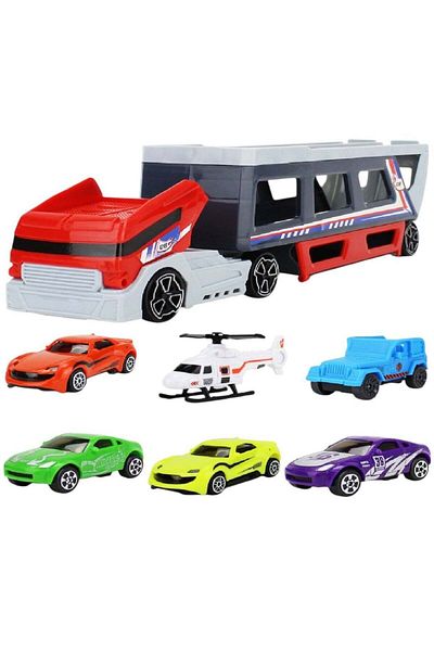 Toybox شاحنة حاويات مصبوبة مع سيارات سحب ومجموعة لعب طائرة هليكوبتر للأطفال
