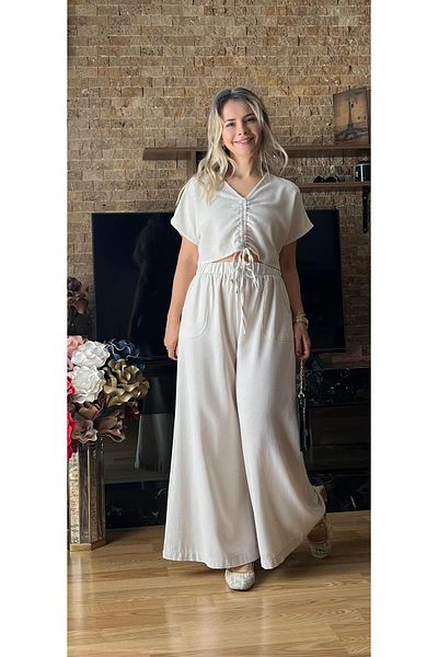 Cardella Women's Front Gathered Blouse Wide Leg High Waist Linen Double Suit