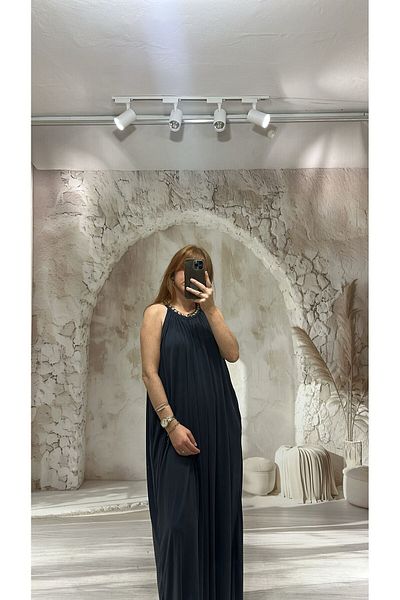 Pulli Collection Black Modal Fabric Processing Detailed Casual Maxi Dress