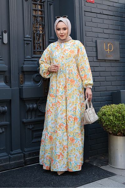 N.S NEVA STYLE Floral Patterned Yellow Hijab Dress 19034Sr
