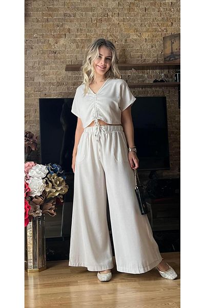 Cardella Women's Front Gathered Blouse Wide Leg High Waist Linen Double Suit