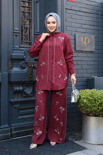 N.S NEVA STYLE Costum dublu Hijab Burgund brodat cu mărgele 19030BR