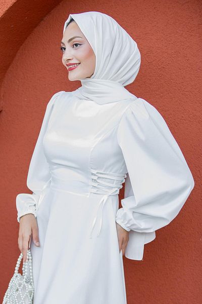 Tesettür Çarşım Visy Corsage Tie Detail Satin Evening Dress-White
