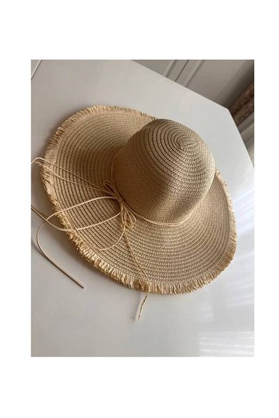 AYSBUTK Women's Beige Fringe Edge Yarn Straw Hat