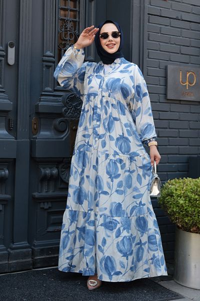 N.S NEVA STYLE Patterned Indigo Blue Hijab Dress 19035Im