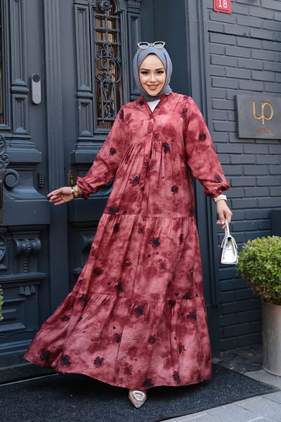N.S NEVA STYLE Patterned Burgundy Hijab Dress 19040Br