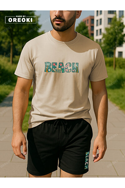 EFFRENATU Orki Beach Men's Summer Beige T-Shirt & Black Shorts Set