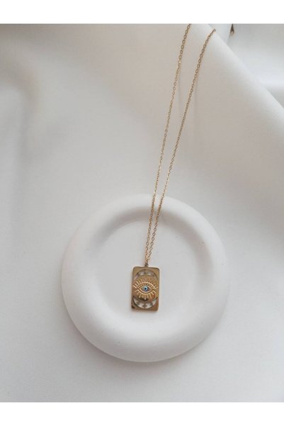 Minne Jewelry-Accessory Steel Imprint Necklace - Steel Necklace with Evil Eye Beads - Steel Imprint Necklace
