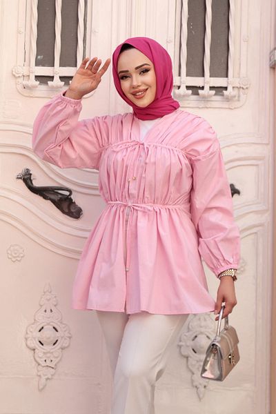 N.S NEVA STYLE Pink Hijab Tunic with Gather Detail 101042P