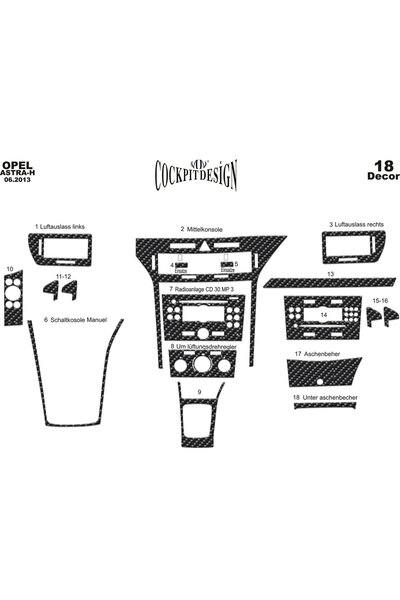 Marscockpitdesign أوبل أسترا H بيانو أسود مطلي 2013 18 قطعة