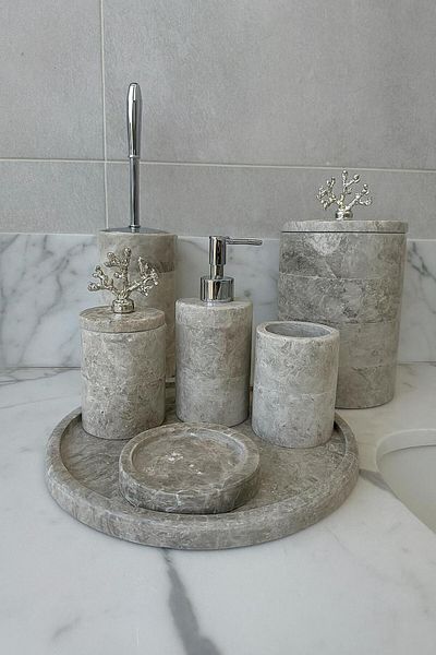 Modestmar Gray Marble Round Bathroom Set Set of 7 with Silver Coral Object
