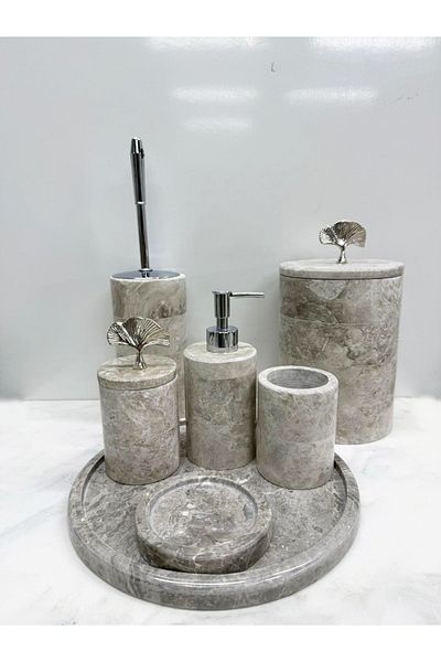 Modestmar Gray Marble Round Bathroom Set Set 7 Piece Silver Ginko