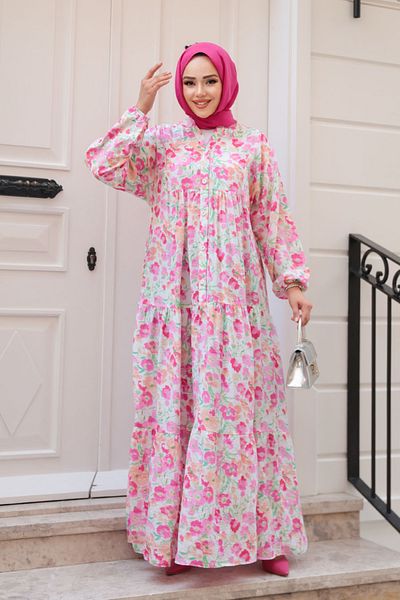 N.S NEVA STYLE Floral Patterned Pink Hijab Dress 19034P