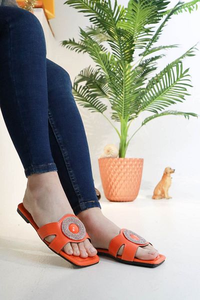 sermoda Γυναικείες καλοκαιρινές παντόφλες Flat Bottom Brooch Silicone Stone NW Orange