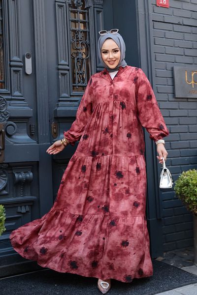 N.S NEVA STYLE Patterned Burgundy Hijab Dress 19040Br